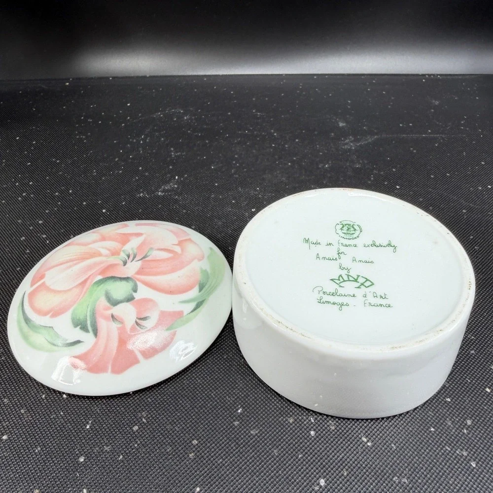 Limoges France Anais Anais Porcelain Trinket Box Pink Floral MNP‎ Vanity Jar 3in
